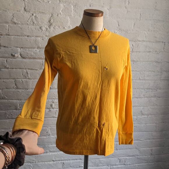 Vintage Yellow Crewneck Longsleeve Tee Thrashed Print Single Stitch Tshirt Top - Picture 5 of 11